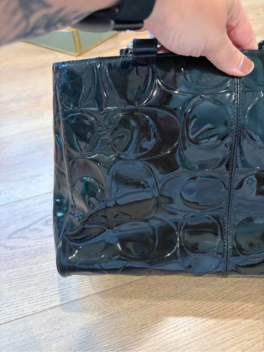 Coach Black Patent Leather Signature Embossed Turnlock Tote Shoulder Bag